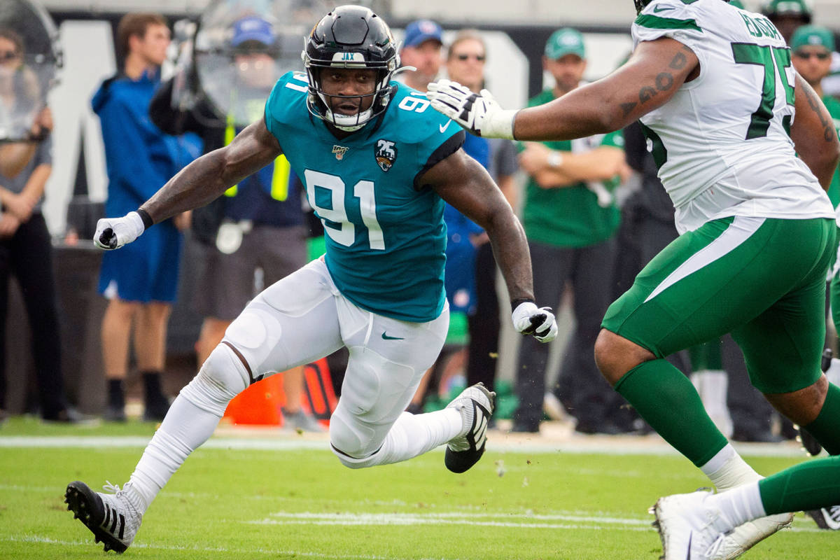 FILE - In this Oct. 27, 2019, file photo, Jacksonville Jaguars defensive end Yannick Ngakoue (9 ...