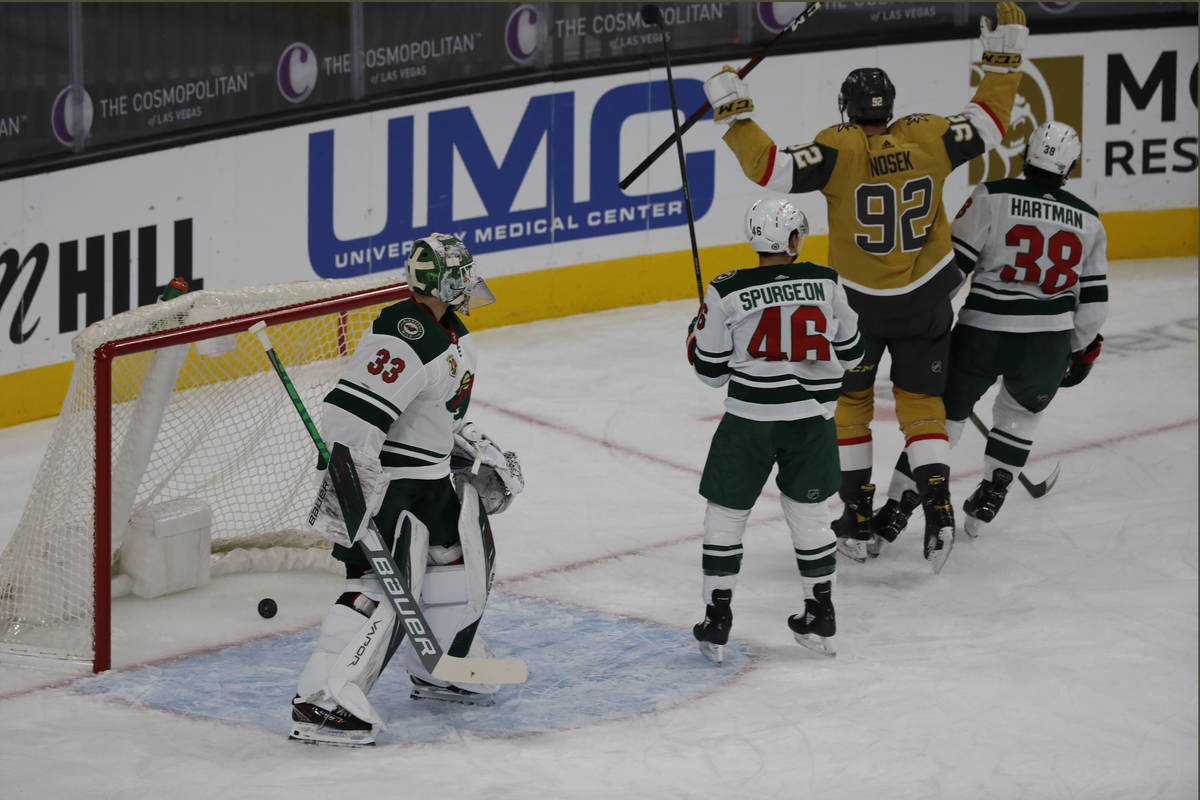 Vegas Golden Knights left wing Tomas Nosek (92) celebrates after scoring against Minnesota Wild ...