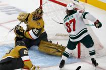 Minnesota Wild left wing Kirill Kaprizov (97) scores against Vegas Golden Knights goaltender Ma ...