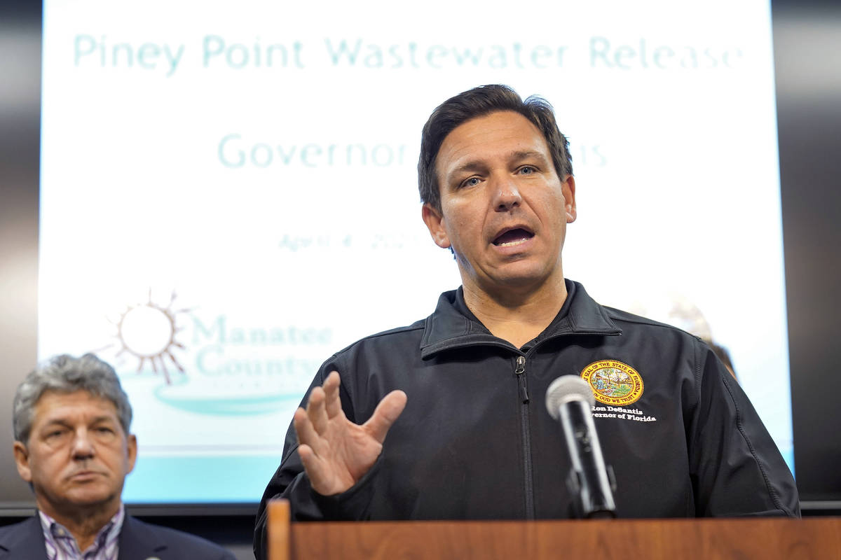 Florida Gov. Ron DeSantis gestures during a news conference Sunday, April 4, 2021, at the Manat ...