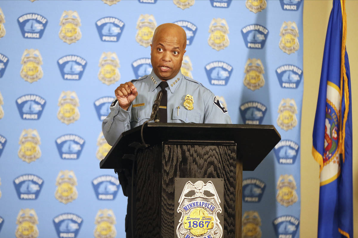 File-This June 10, 2020, file photo shows Minneapolis Police Chief Medaria Arradondo addressing ...