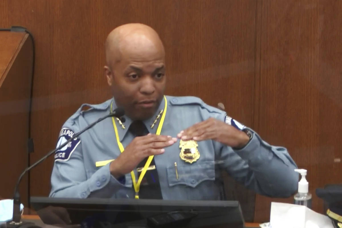 In this image from video, witness Minneapolis Police Chief Medaria Arradondo testifies as Henne ...
