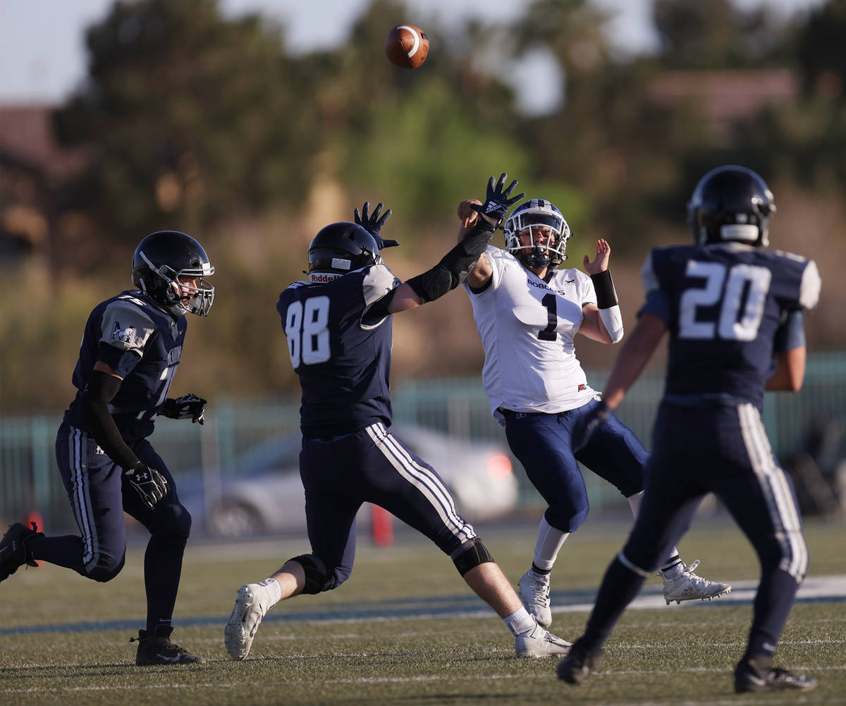 White Pine's Isaias Gonzalez (1) makes a pass under pressure from Meadows' Peter Diugu (88) in ...