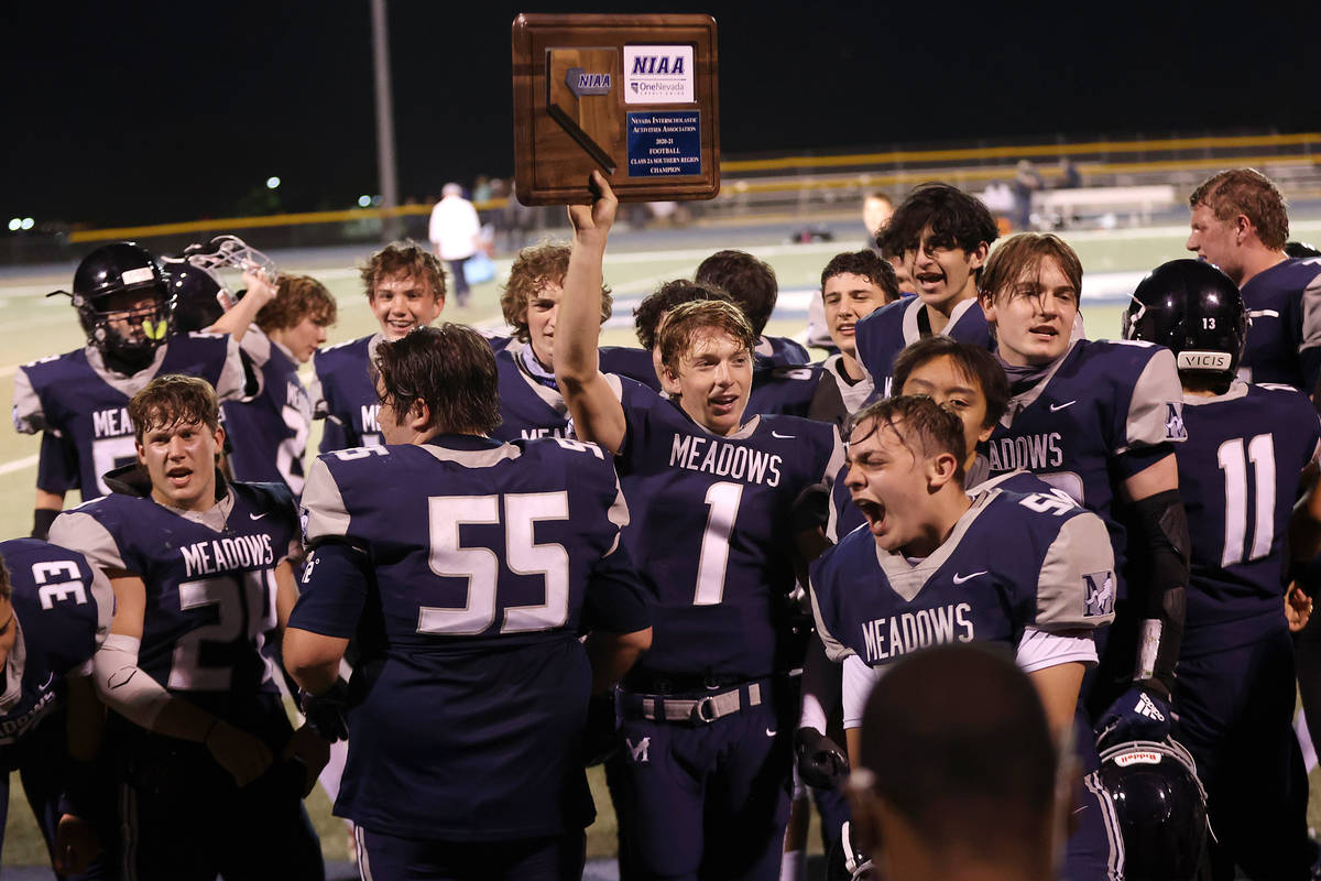 Meadows' Michael Corrigan (1) celebrates his team's win in the Class 2A Southern Region Champio ...