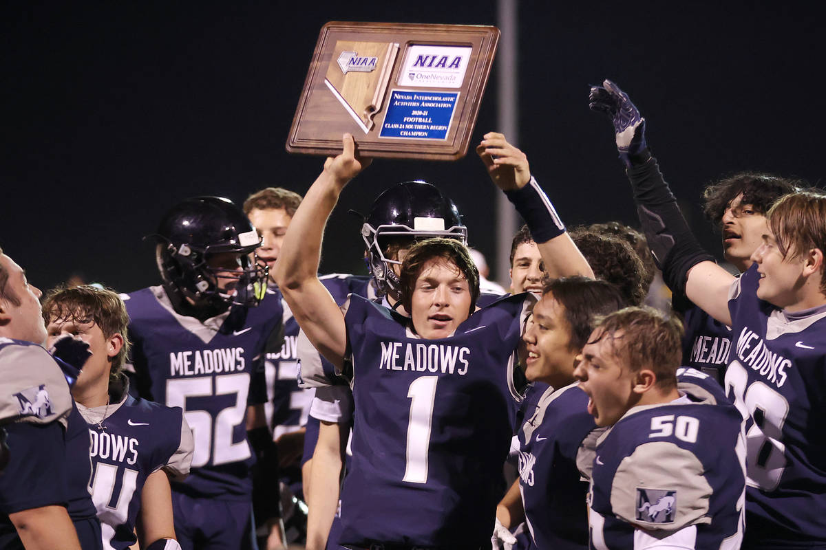Meadows' Michael Corrigan (1) celebrates his team's win in the Class 2A Southern Region Champio ...