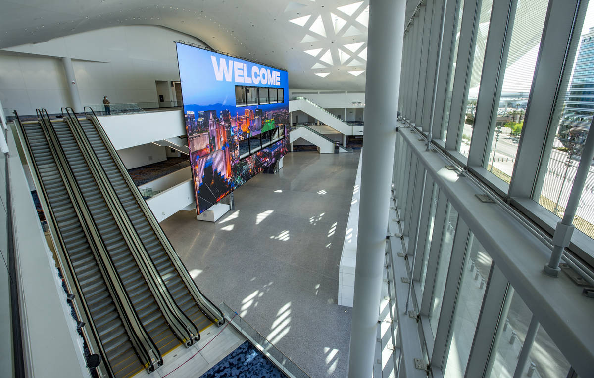 A huge video display screen greets those at the main entrance of the new Las Vegas Convention C ...