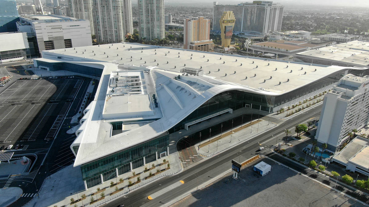 Aerial view of the Las Vegas Convention Center expansion as seen on Tuesday, April 6, 2021. (Mi ...