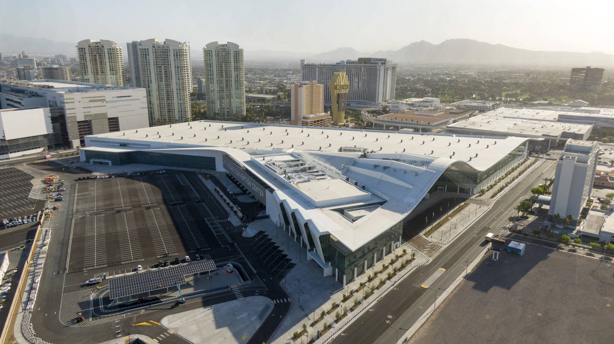 Aerial view of the Las Vegas Convention Center expansion as seen on Tuesday, April 6, 2021. (Mi ...