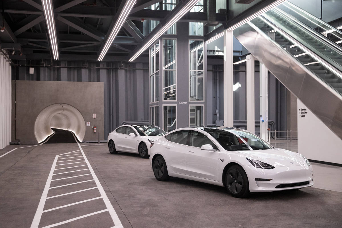 Central Station of the Boring Company’s Convention Center Loop is seen during a media to ...