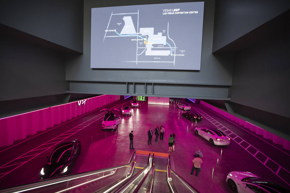 Central Station of the Boring Company’s Convention Center Loop is seen during a media to ...