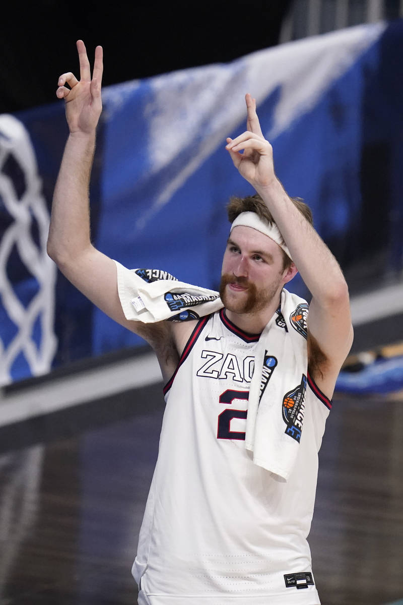 Gonzaga forward Drew Timme waves to fans after beating Creighton 83-65 in a Sweet 16 game in th ...