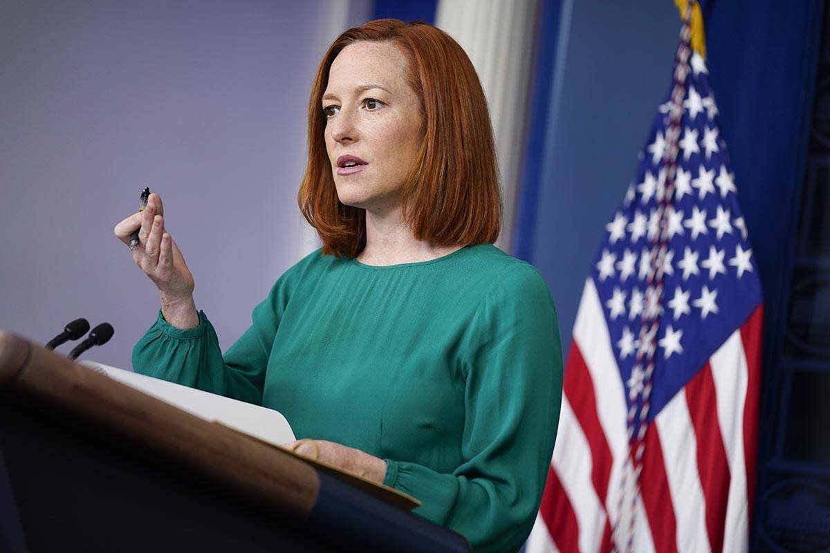 White House press secretary Jen Psaki speaks during a press briefing at the White House, Tuesda ...