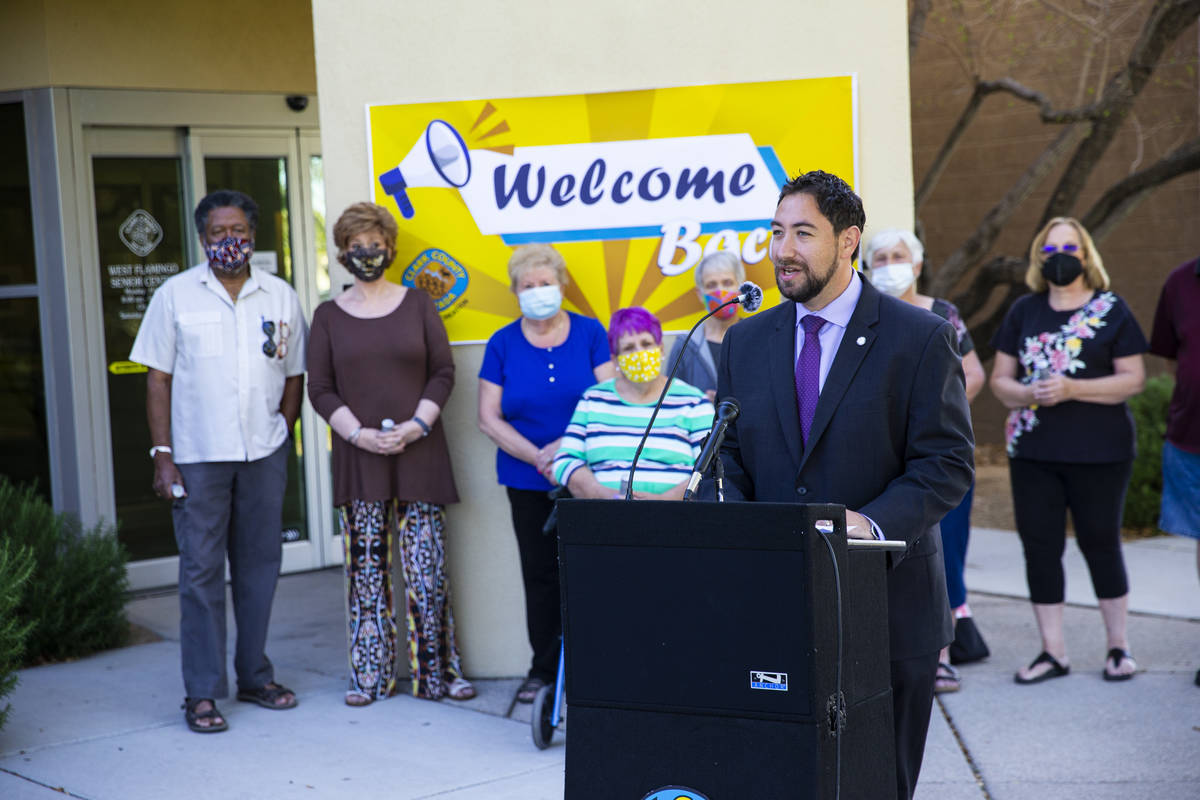 Clark County Commissioner Michael Naft speaks at the West Flamingo Senior Center during the fir ...