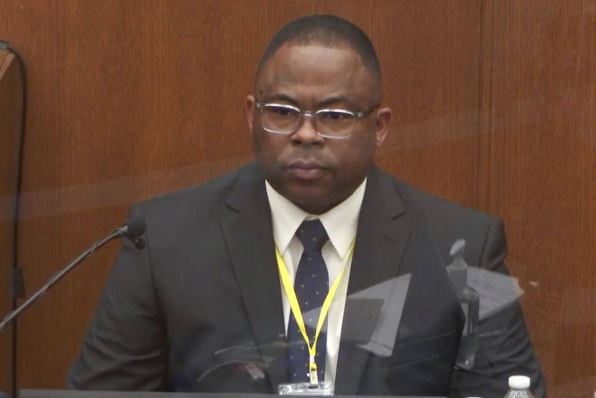 In this image from video, witness Jody Stiger, a Los Angeles Police Department sergeant testifi ...