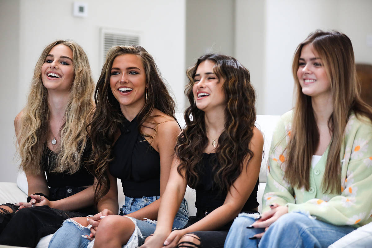 Social media influencers Hannah Evana, 18, from left, Jordan Beckham, 16, Gabriella Annaiisa, 1 ...