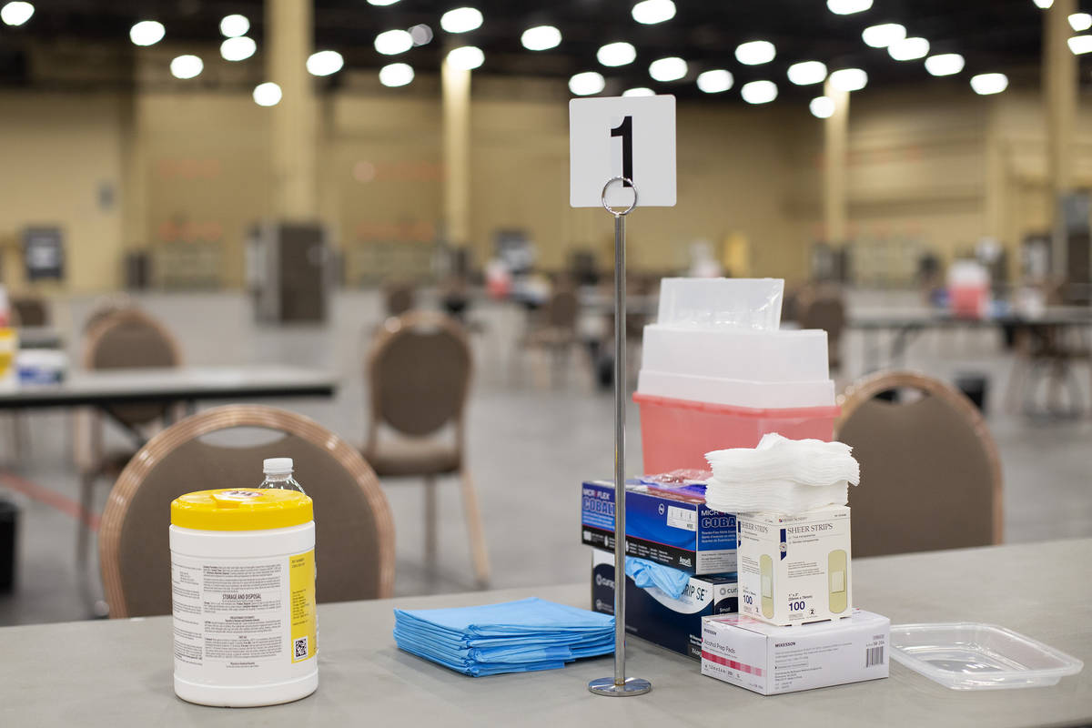 Vaccine supplies are laid out at a new site for COVID-19 vaccination at Mandalay Bay Convention ...