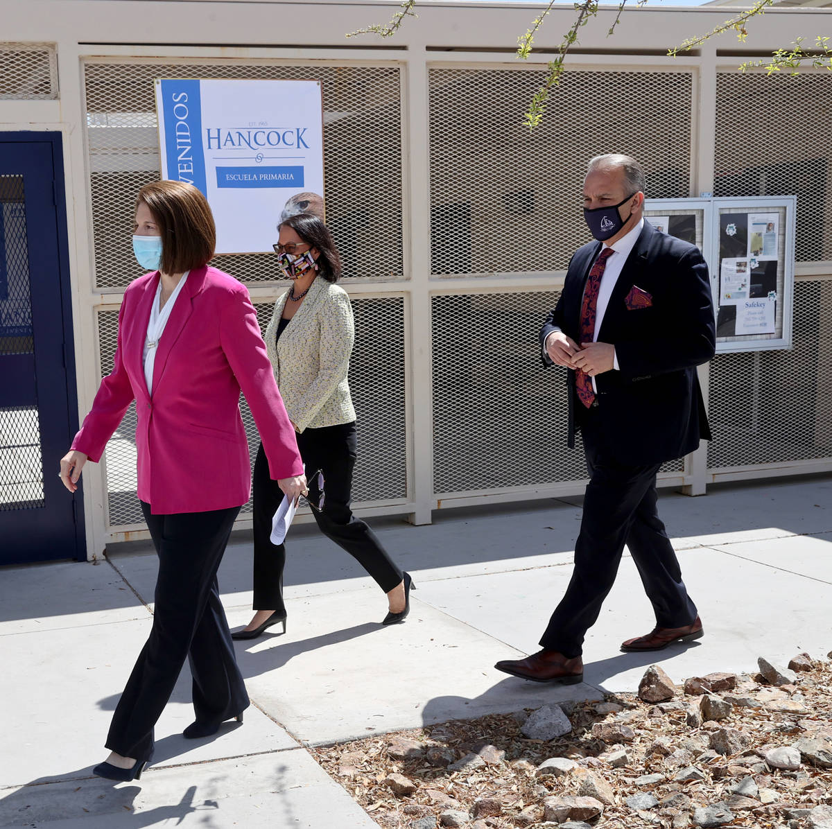 Sen. Catherine Cortez Masto, D-Nev., left, visits Hancock Elementary in Las Vegas Wednesday, Ap ...