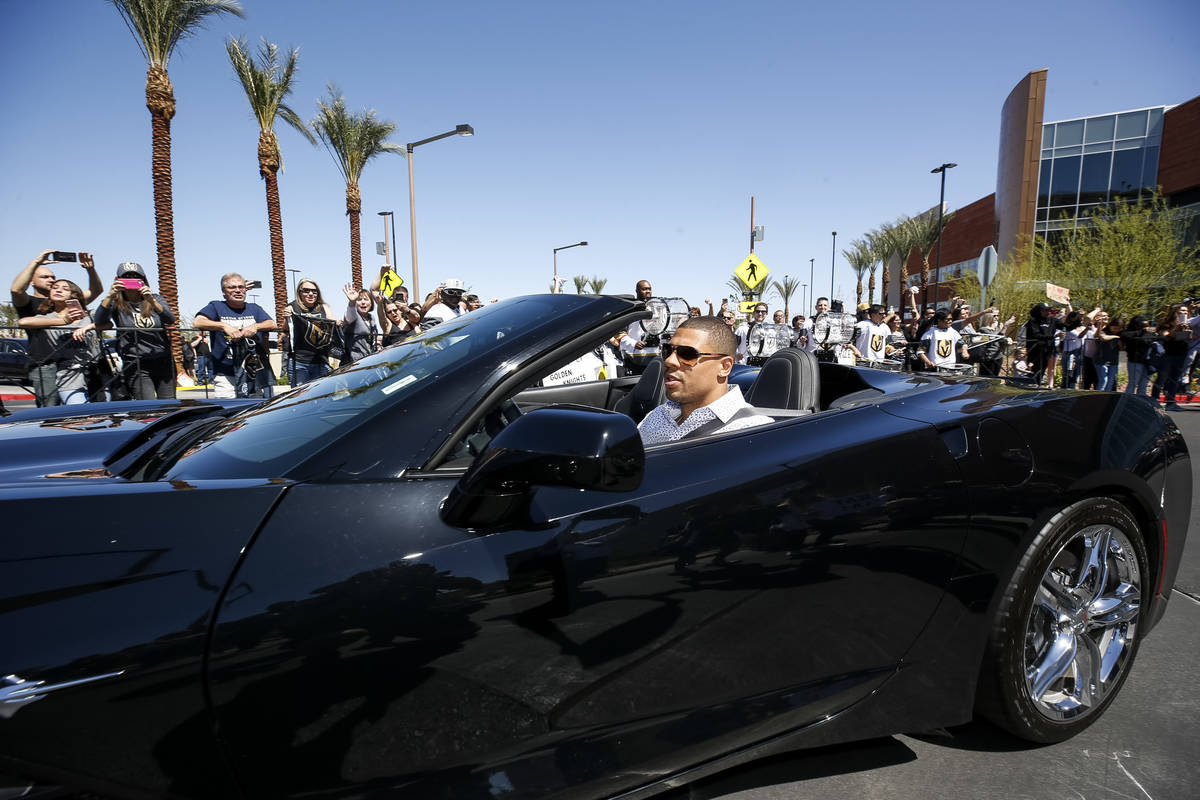 Golden Knights right wing Ryan Reaves leaves the City National Arena as fans cheer during a sen ...