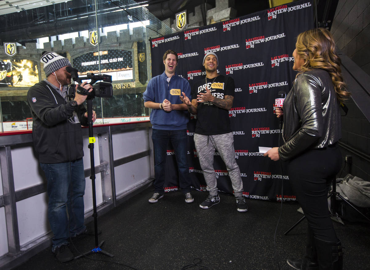Review-Journal reporter Ben Gotz, second from left, is joined by Golden Knights forward Ryan Re ...