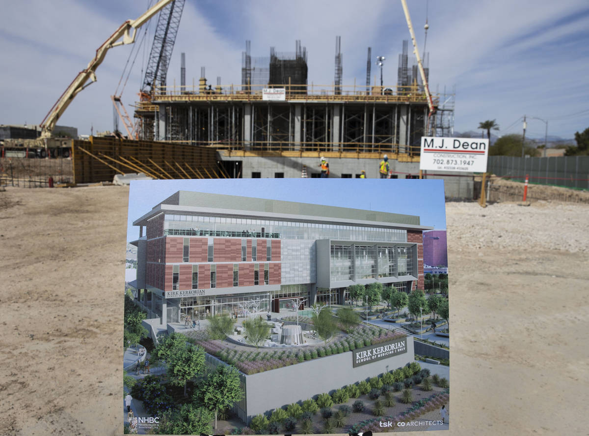 A rendering of the new Kirk Kerkorian School of Medicine is displayed during a private ceremony ...