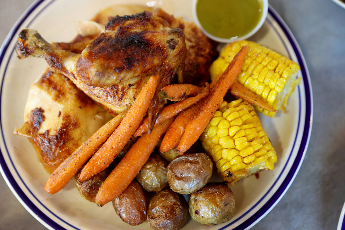 Rotisserie-cooked Mary’s organic chicken is brined for 12 hours and served with either fries ...