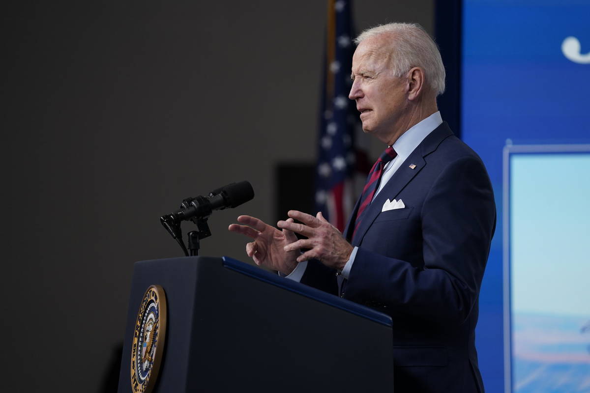 President Joe Biden speaks during an event on the American Jobs Plan in the South Court Auditor ...