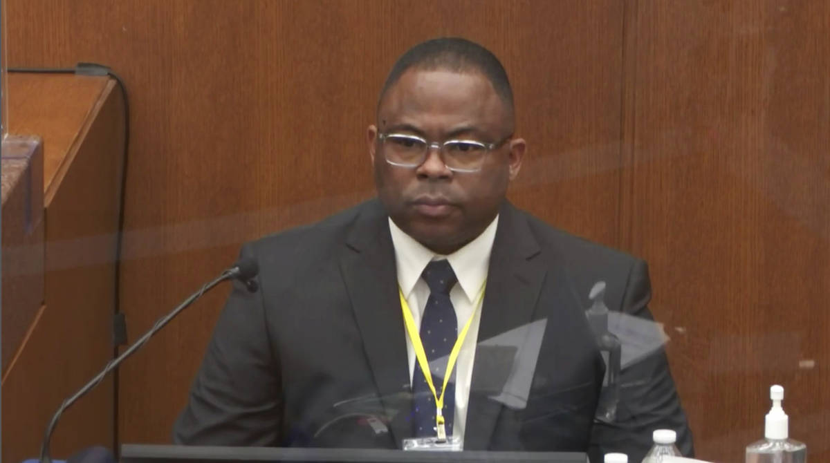 In this image from video, witness Jody Stiger, a Los Angeles Police Department sergeant testifi ...