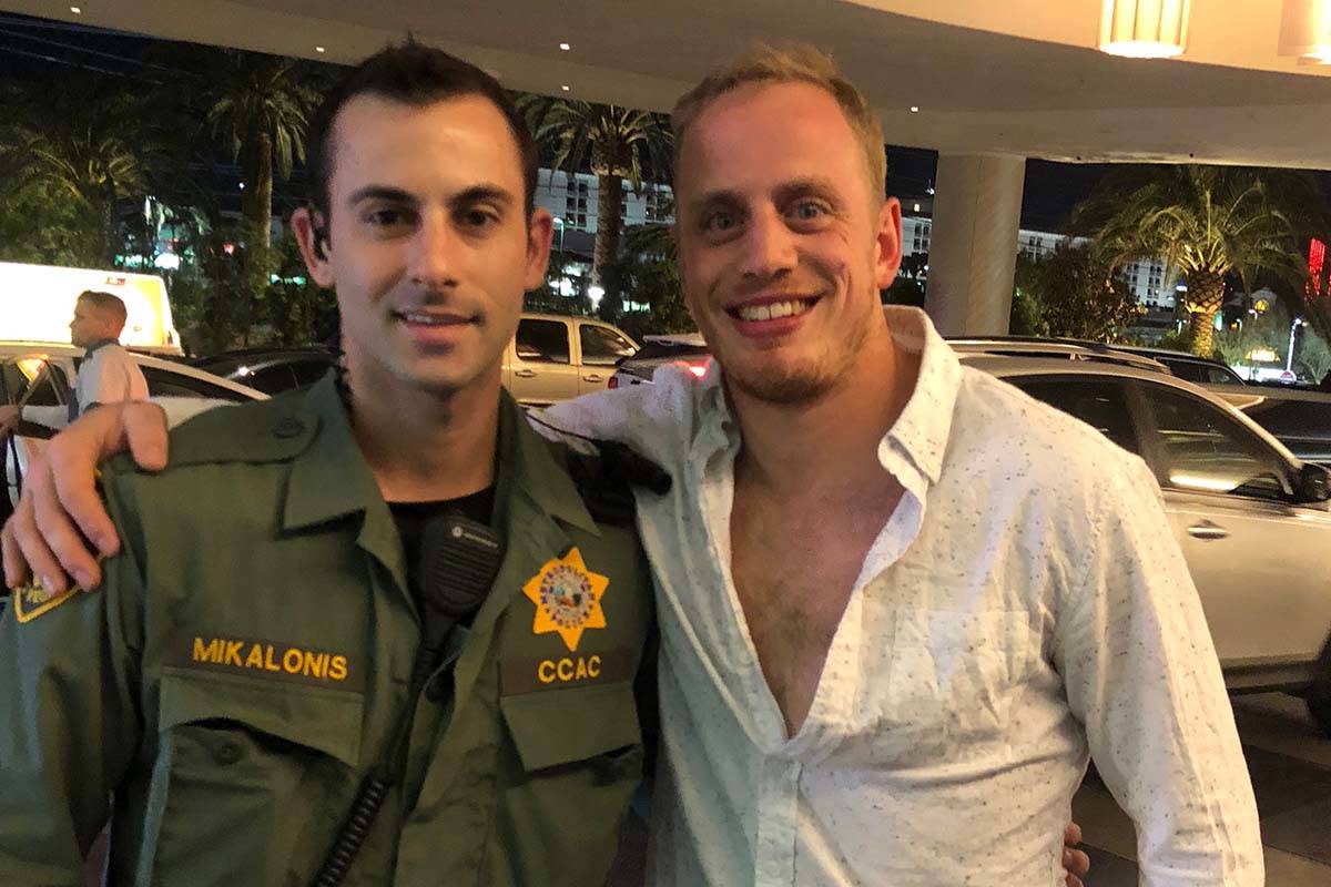 Shay Makalonis, left, poses with Golden Knights' player Nate Schmidt in this undated photo. (Co ...