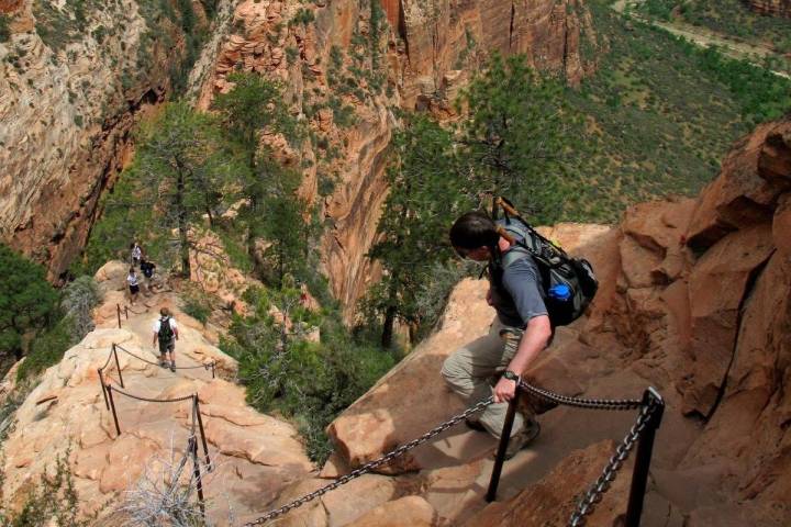 Hikers climb down the Angels Landing trail in Zion National Park in Utah in 2011. (Jud Burkett/ ...