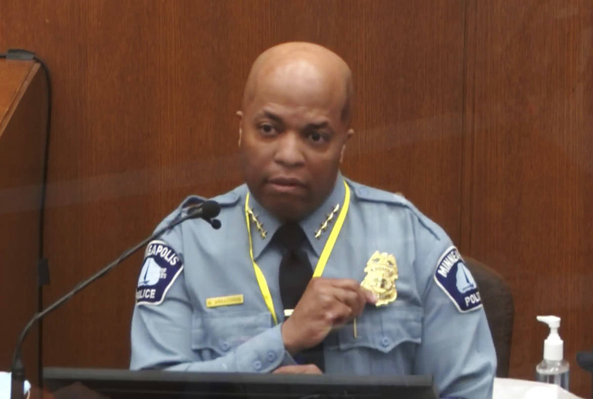 In this image from video, witness Minneapolis Police Chief Medaria Arradondo testifies as Henne ...