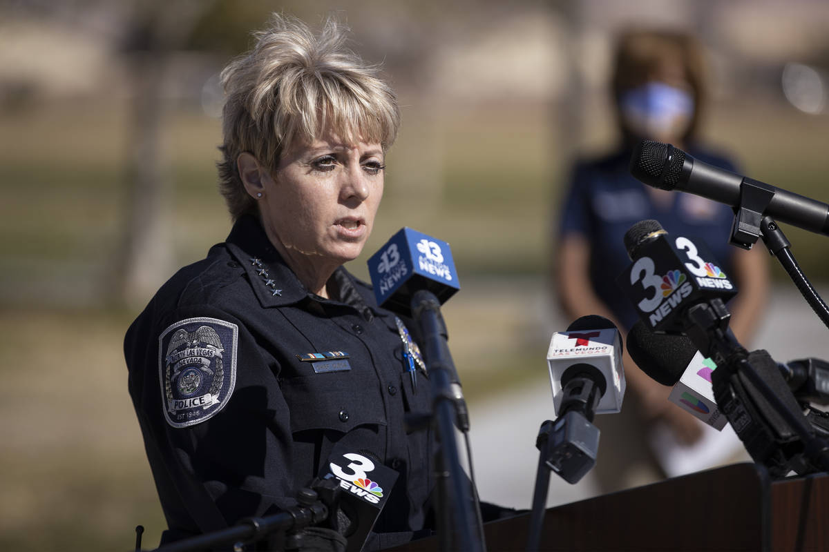 North Las Vegas Police Chief Pamela Ojeda speaks during a press conference calling for the rest ...