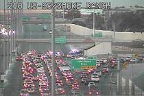 U.S. Highway 95 northbound lanes were closed at Lake Mead Boulevard before 6 a.m. Monday, April ...