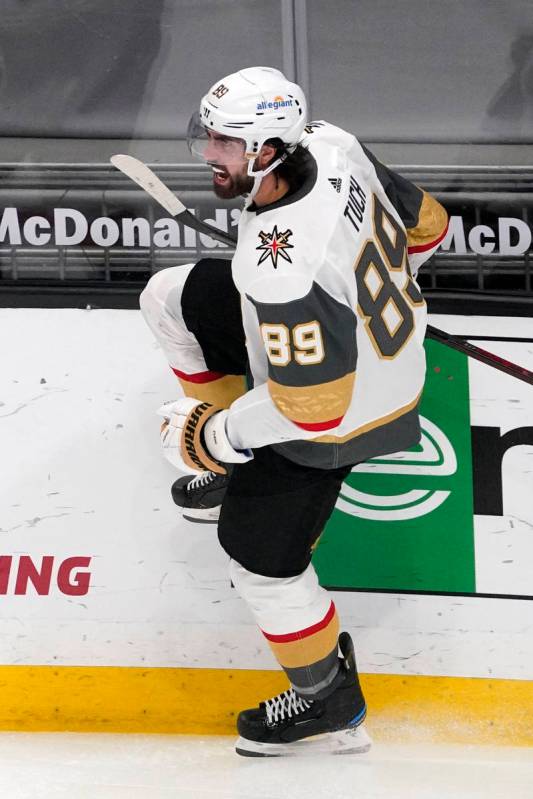 Vegas Golden Knights right wing Alex Tuch celebrates his goal during the third period of an NHL ...