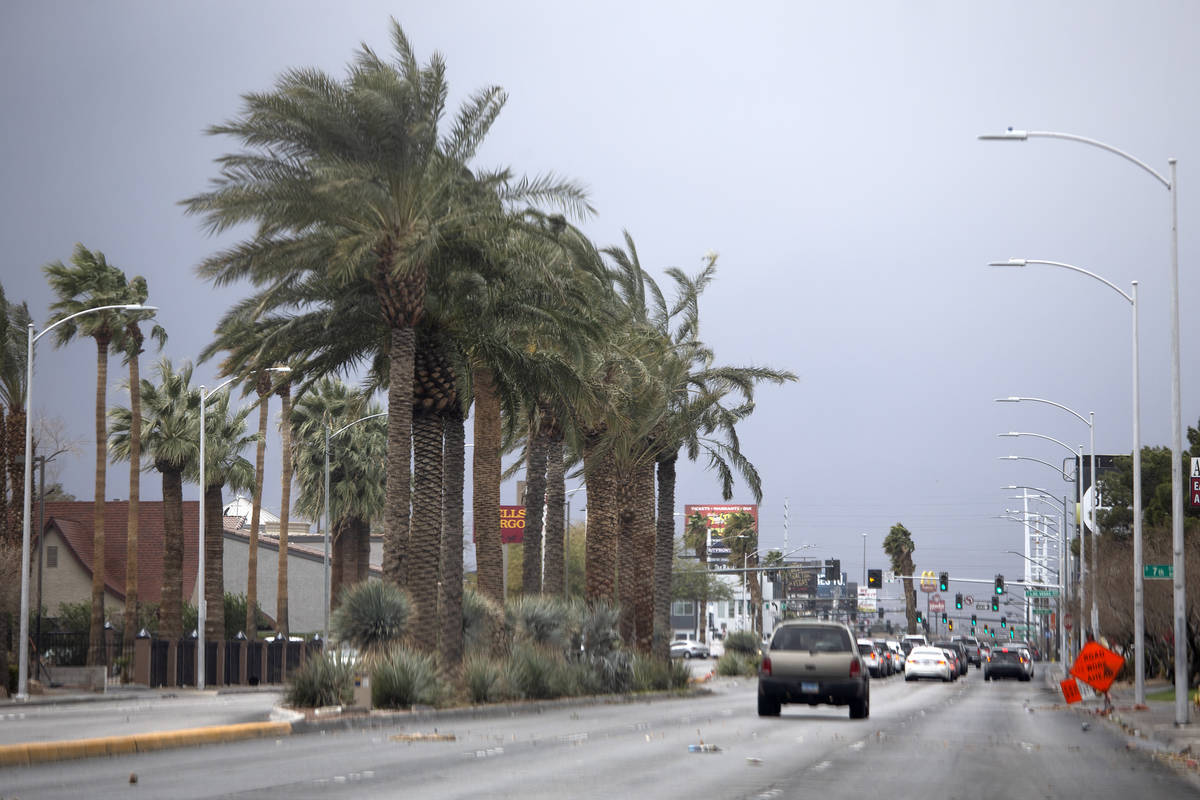Traffic moves on East Charleston Boulevard on Saturday, Feb. 13, 2021, in Las Vegas. (Ellen Sch ...