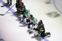 In this Aug. 3, 2020, file photo, Dallas Stars' Jason Dickinson (18), Tyler Seguin (91) and Veg ...