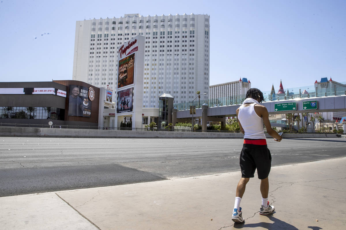 A pedestrian walks outside the MGM Grand, across from the Tropicana in Las Vegas. Bally's Corp. ...