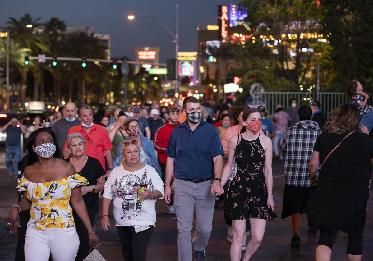 The Strip is packed on Tuesday, April 13, 2021, in Las Vegas. (Benjamin Hager/Las Vegas Review- ...