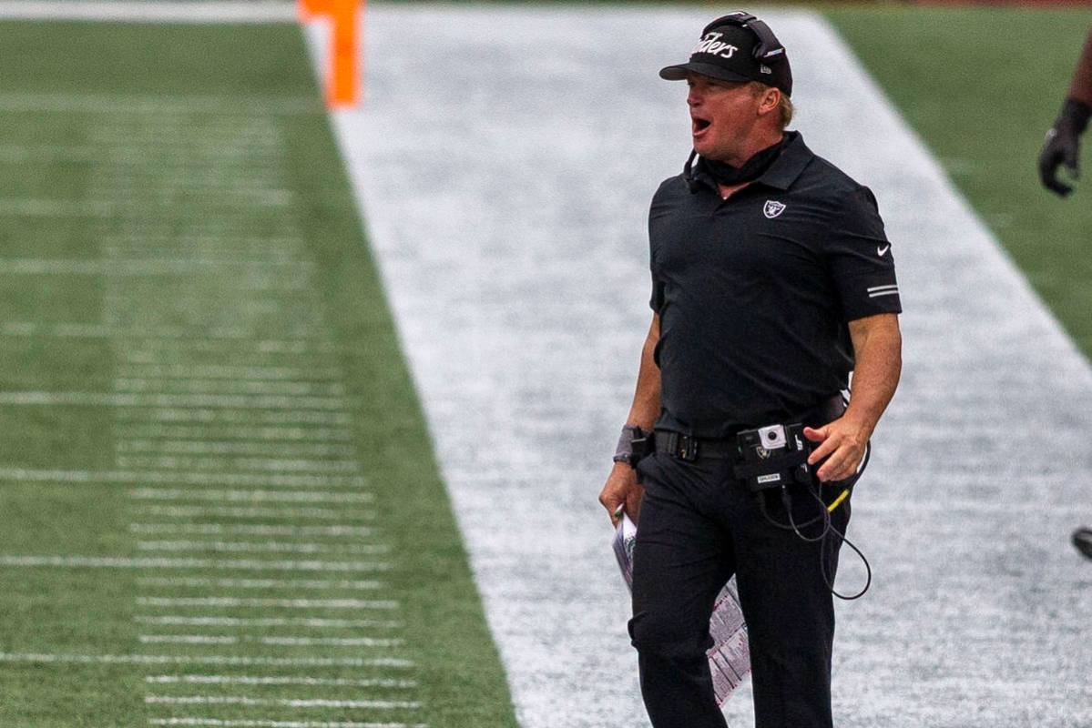 Las Vegas Raiders head coach Jon Gruden shouts from the sideline during the 4th quarter of an N ...