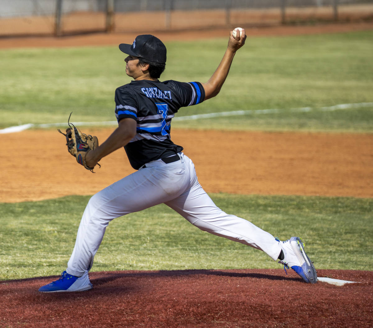 Basic pitcher Jesus Gonzalez (7) fires a ball to the plate versus Palo Verde during an NIAA bas ...