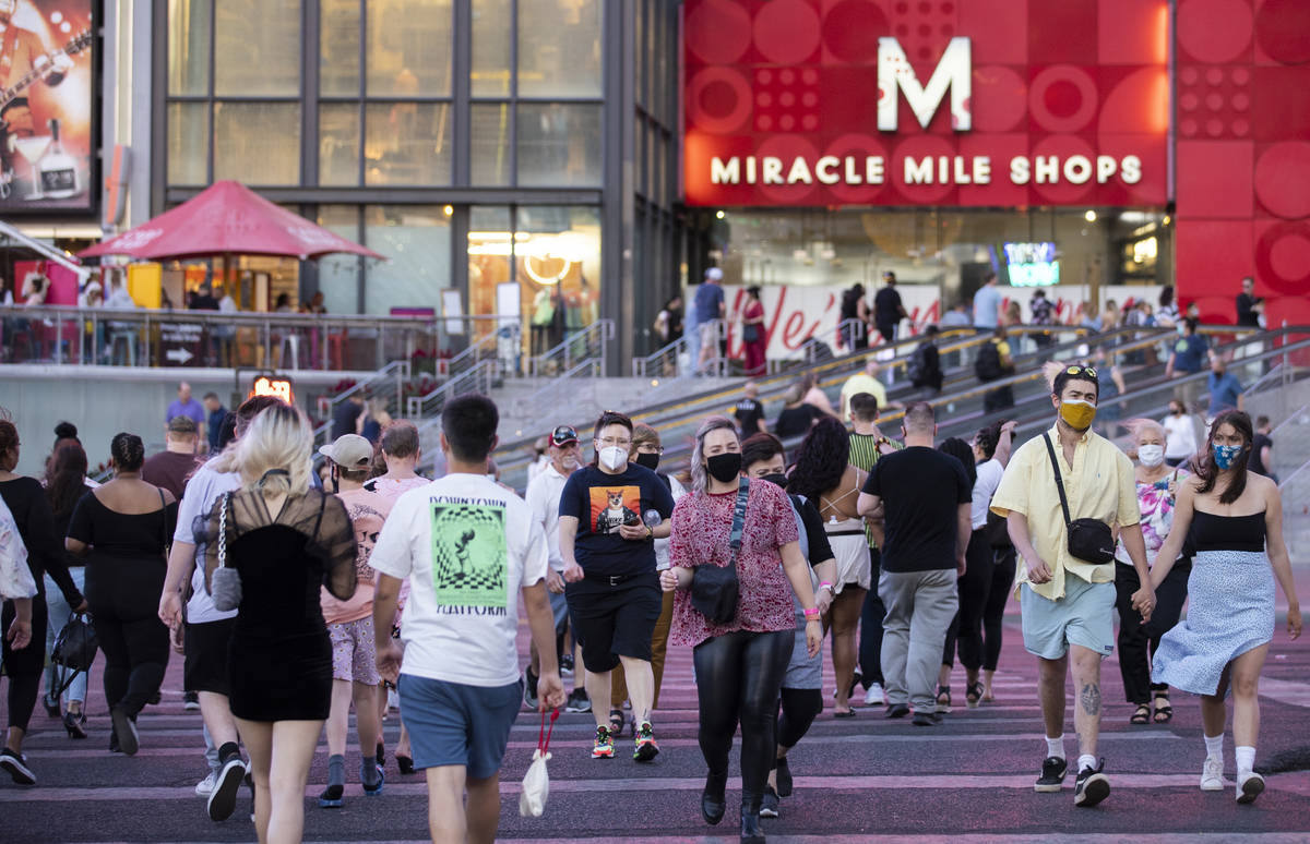The Strip is packed on Tuesday, April 13, 2021, in Las Vegas. (Benjamin Hager/Las Vegas Review- ...