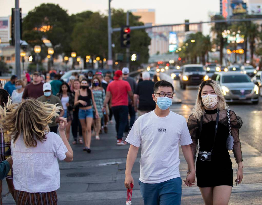 The Strip is packed on Tuesday, April 13, 2021, in Las Vegas. (Benjamin Hager/Las Vegas Review- ...
