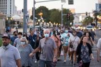 The Strip is packed on Tuesday, April 13, 2021, in Las Vegas. (Benjamin Hager/Las Vegas Review- ...