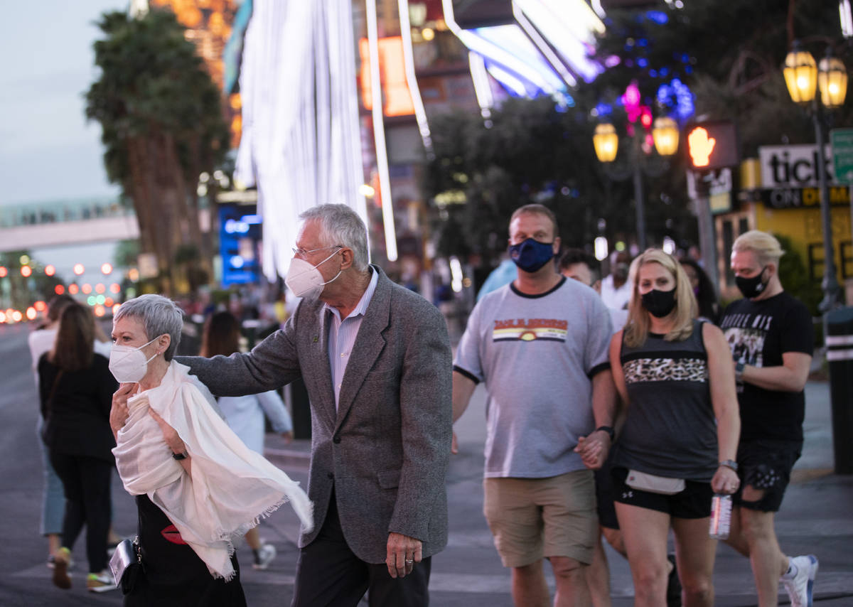 The Strip is packed on Tuesday, April 13, 2021, in Las Vegas. (Benjamin Hager/Las Vegas Review- ...