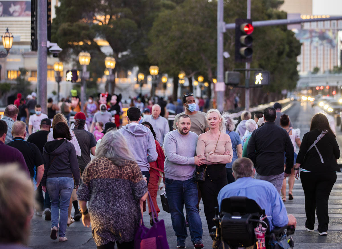 The Strip is packed on Tuesday, April 13, 2021, in Las Vegas. (Benjamin Hager/Las Vegas Review- ...