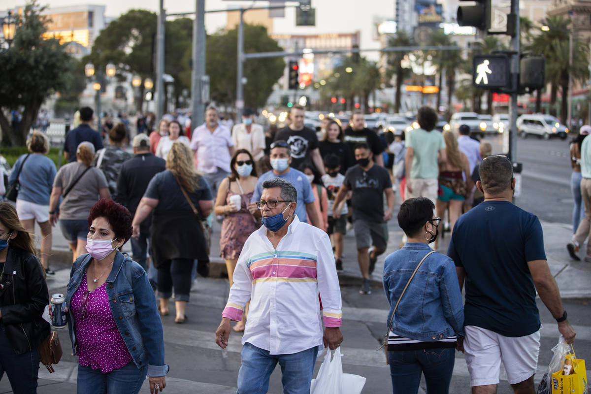 The Strip is packed on Tuesday, April 13, 2021, in Las Vegas. (Benjamin Hager/Las Vegas Review- ...