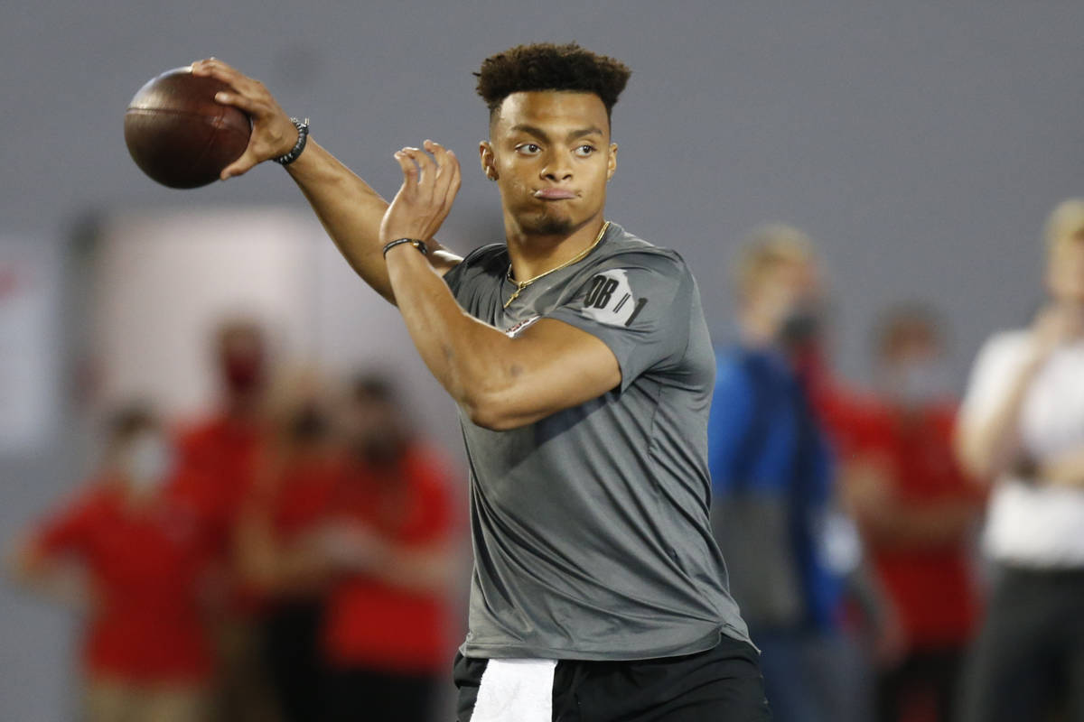 Ohio State quarterback Justin Fields throws during an NFL Pro Day at Ohio State University Tues ...