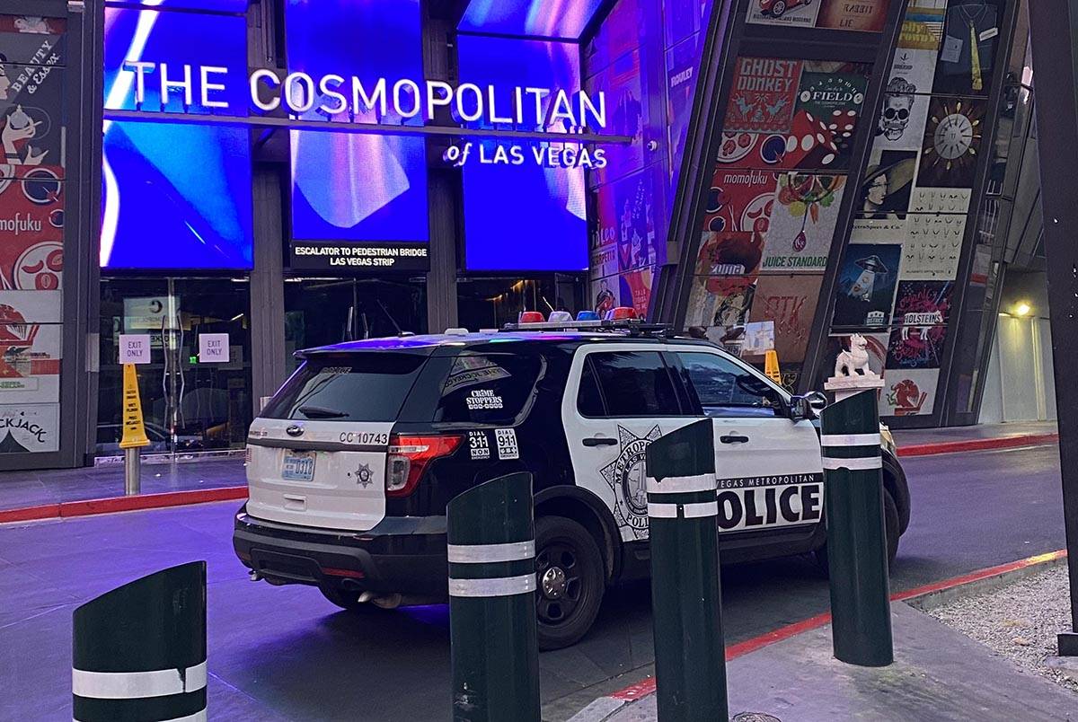 Las Vegas police units outside the Cosmopolitan Hotel on Thursday, April 8, 2021, as officers i ...