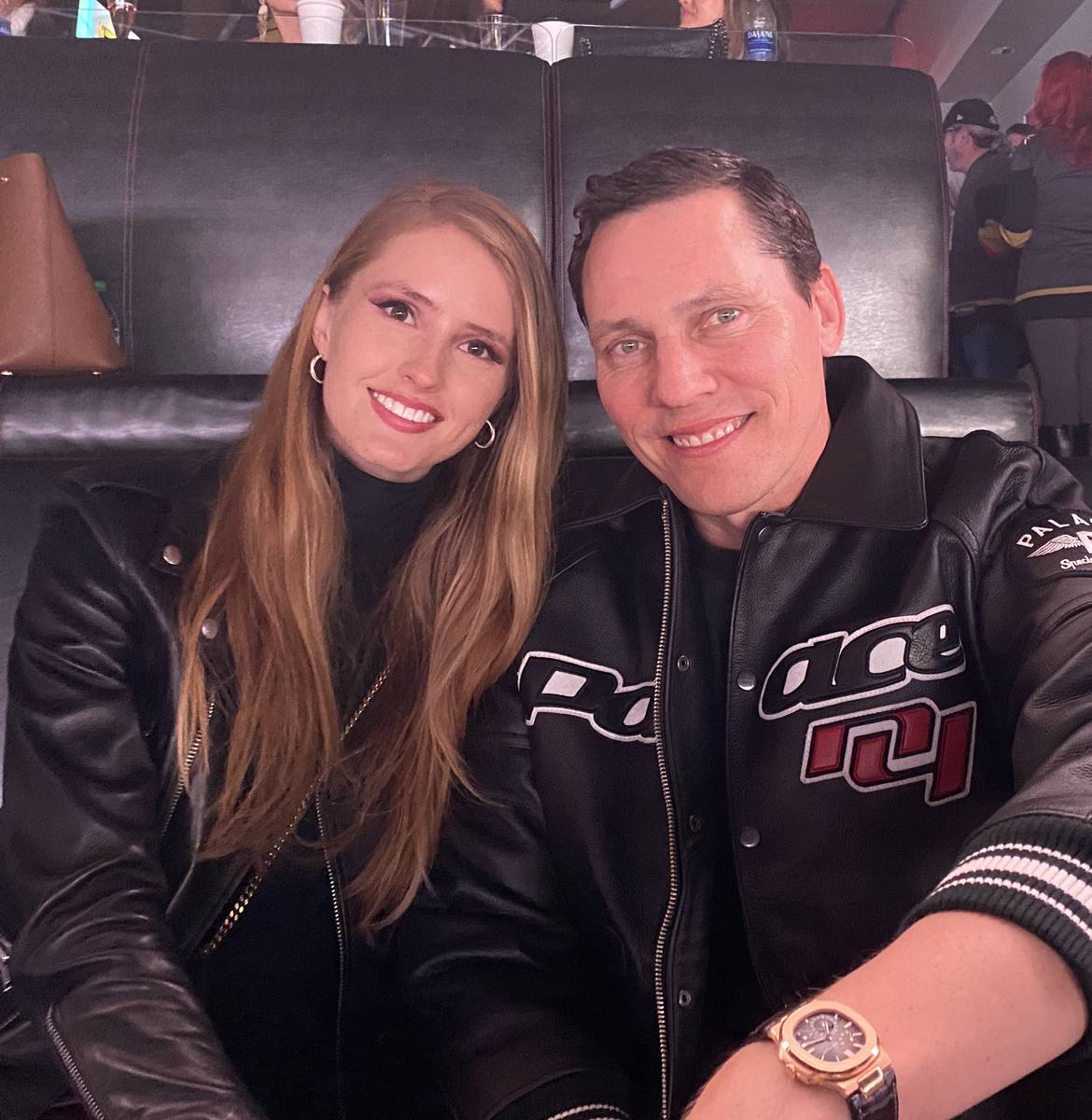 Tiesto and Annika Backes are shown in a VIP suite at the Vegas Golden Knights-Los Angeles Kings ...