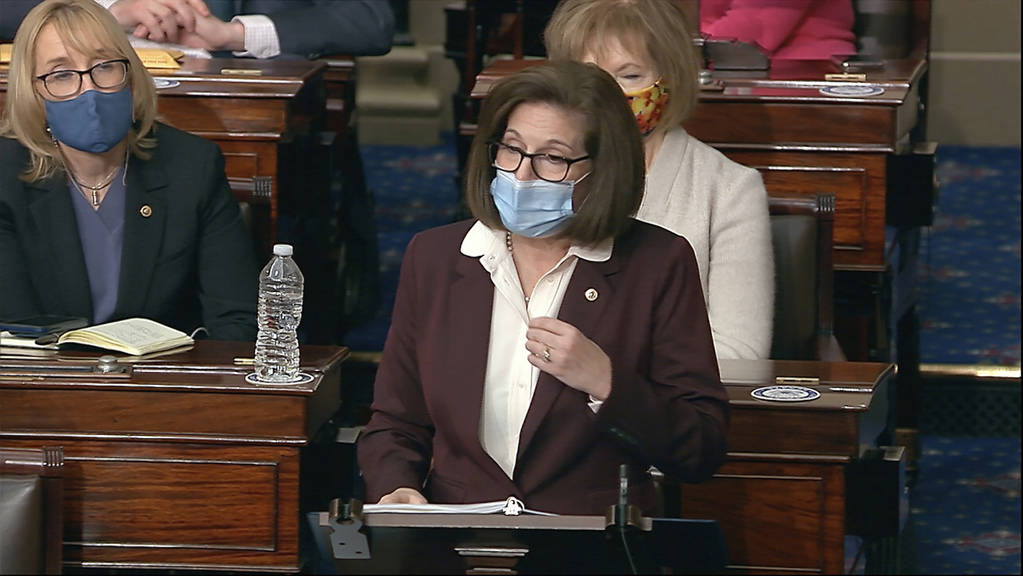 In this image from video, Sen. Catherine Cortez Masto, D-Nev., speaks as the Senate reconvenes ...