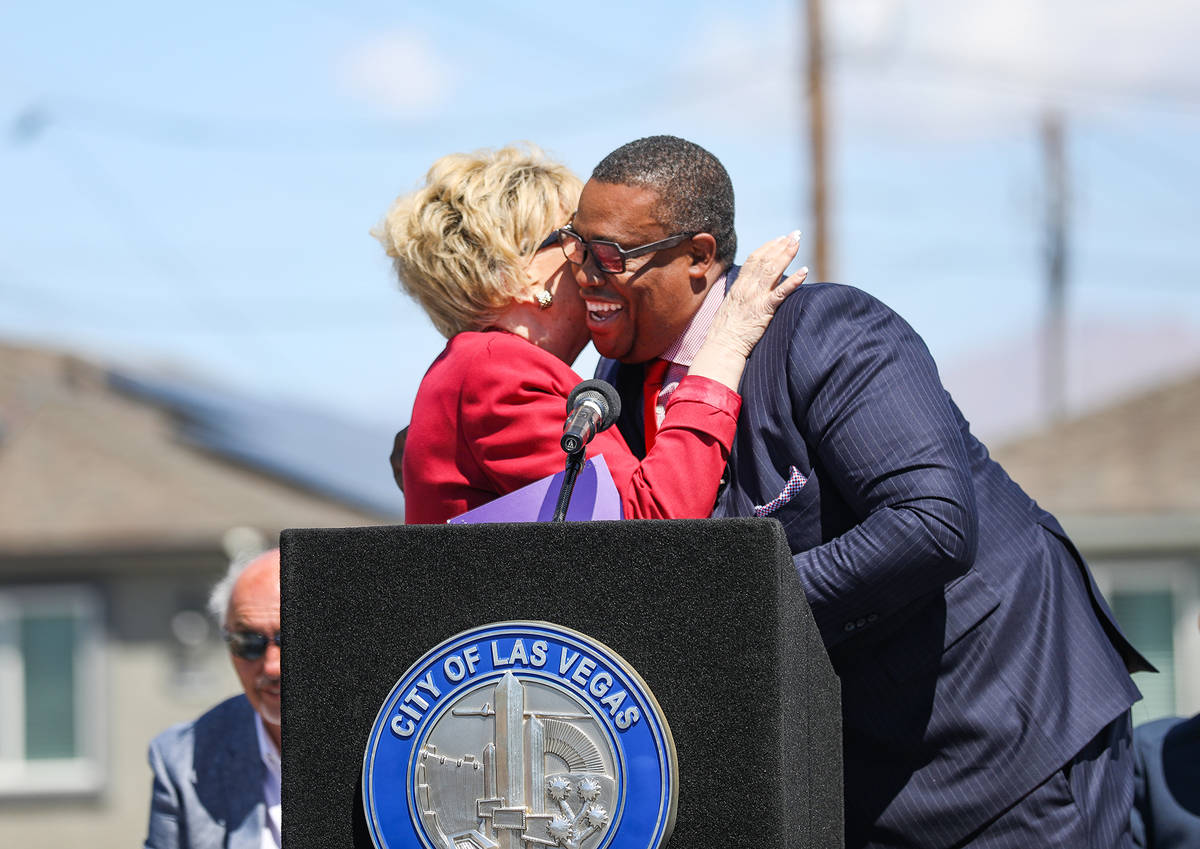 Las Vegas Mayor Carolyn Goodman, left, hugs Las Vegas City Councilman Cedric Crear, right, at a ...